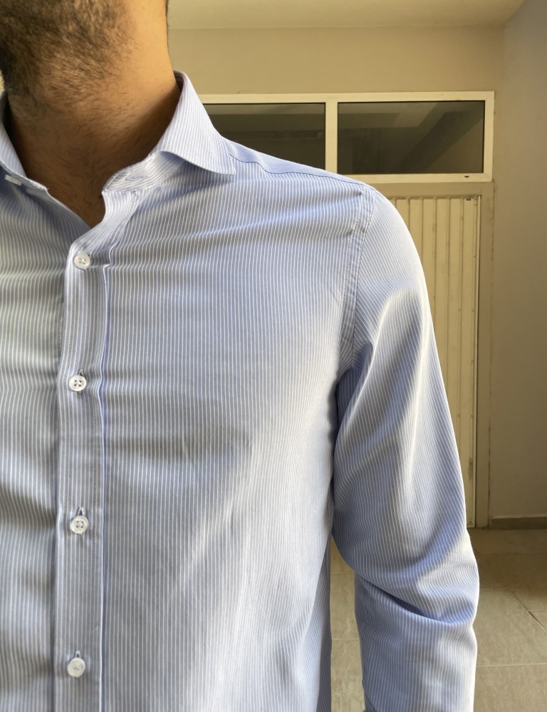 Ανδρικό σιέλ ριγέ πουκάμισο με γιακά 1820 φωτογραφία